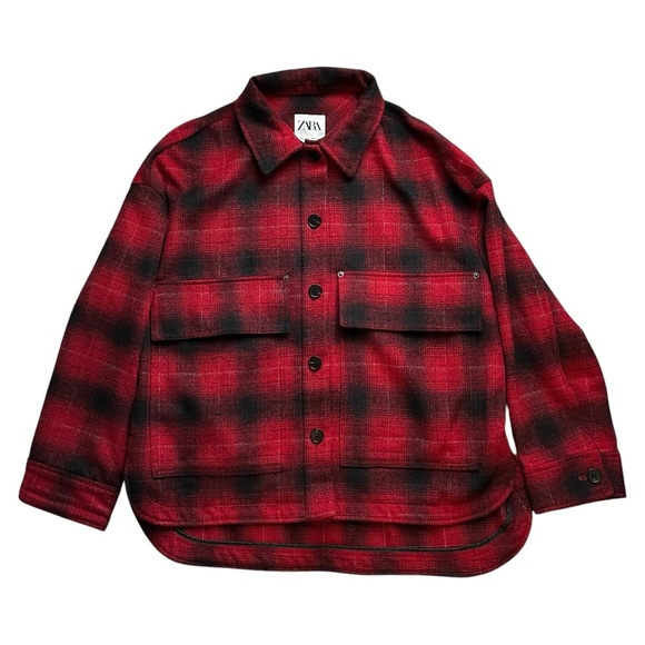 Zara Tartan Plaid Wool Blend Oversized High Low Shirt Jacket Red Women’s Large - Picture 3 of 6